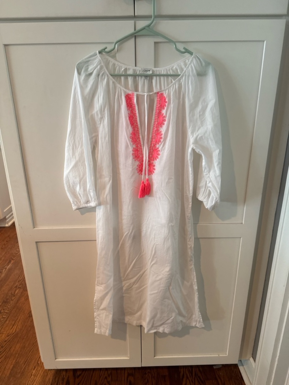 White Tunic Dress with Pink Embroidered Front